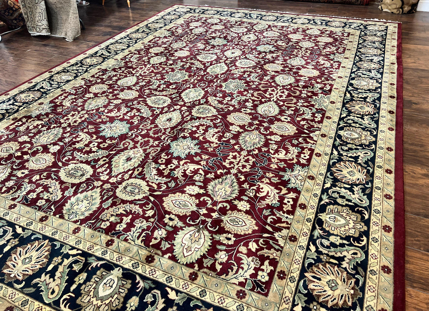 Indo Persian Rug 10x14, Floral Allover, Maroon, Handmade Hand Knotted VIntage Wool Rug, Large Oriental Carpet - Nuvé