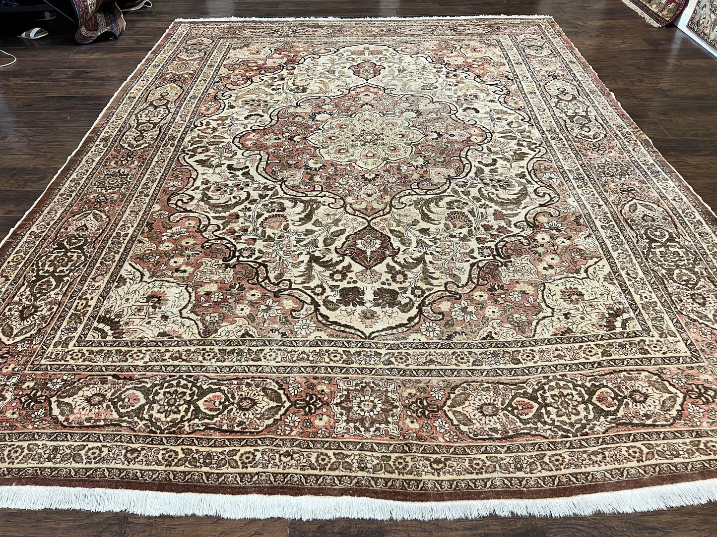 Antique Persian Tabriz Rug 10x12, Wool Hand Knotted Oriental Carpet, Beige Light Red, Floral Medallion - Nuvé