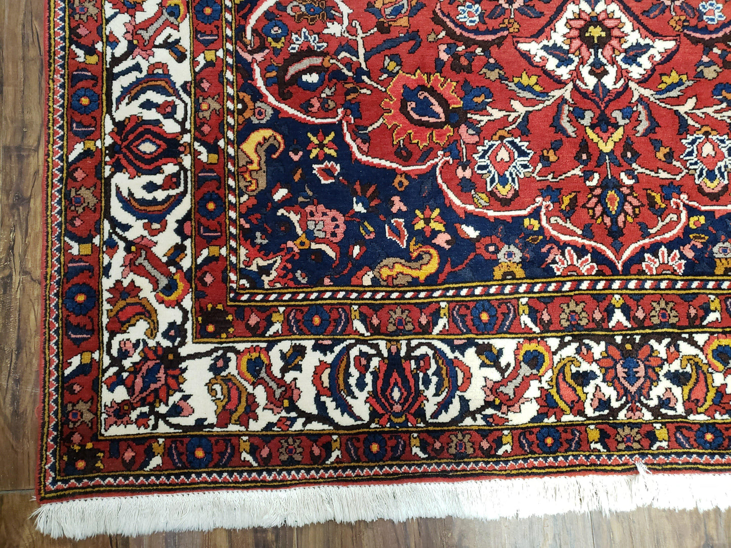 Semi Antique Persian Bakhtiari Rug, Hand-Knotted, Wool, Red, Midnight Blue, Ivory, Floral Medallion, 5'1" x 8' 6" - Nuvé