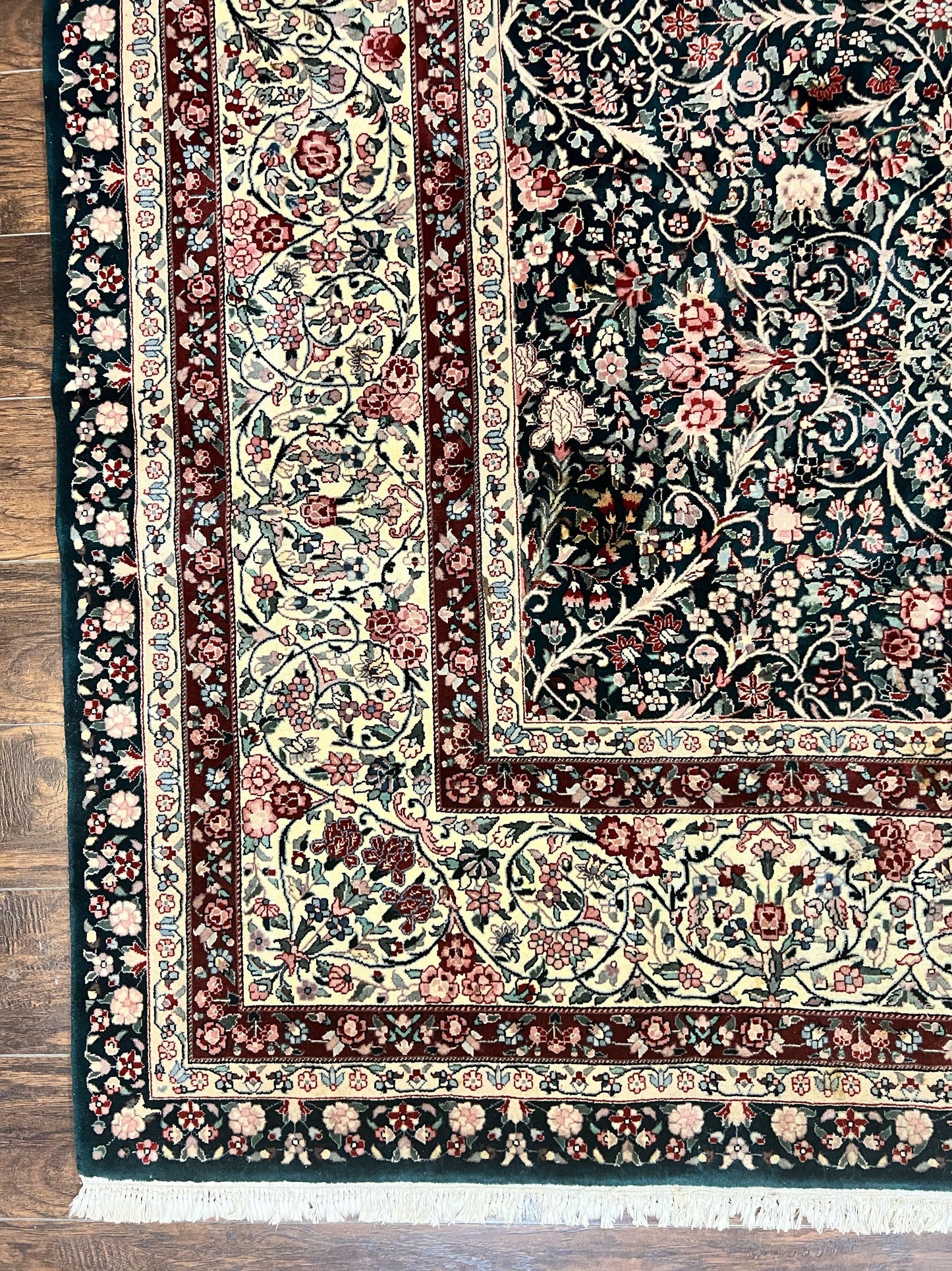 Large Sino Persian Rug 10x14, Wool Hand Knotted Vintage Carpet, Dark Green & Beige, Kirman Floral Rug, Fine Weave, Traditional, Large - Nuvé