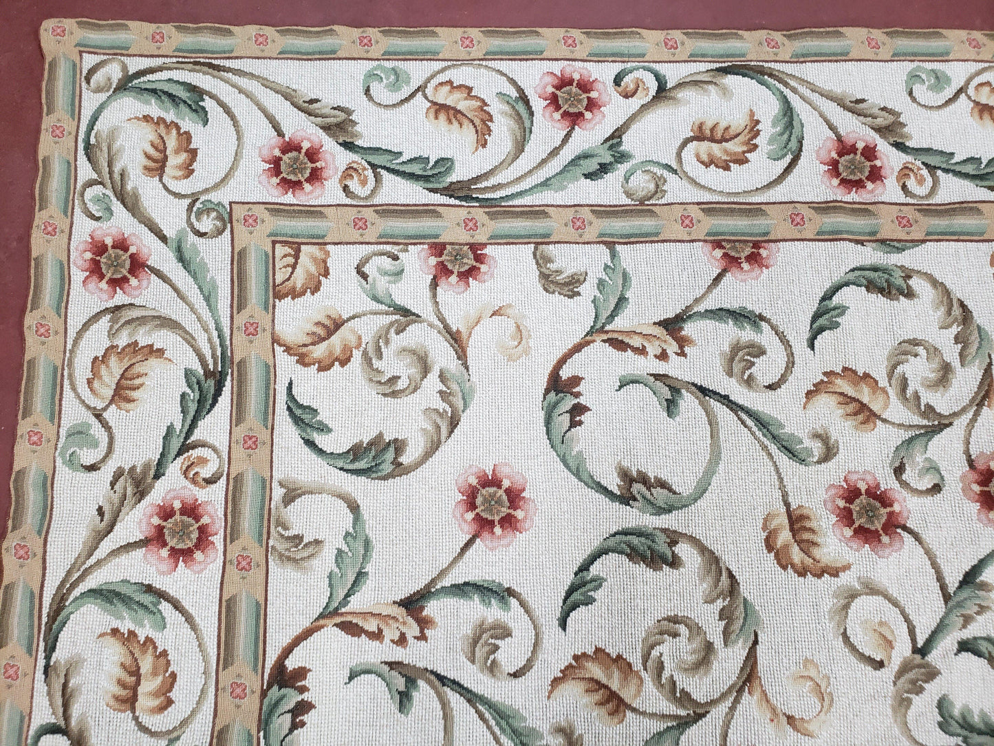Needlepoint Rug 9x12, European Aubusson Design, Floral Allover Garden Pattern, New Needlepoint Area Rug, Ivory Rug, Hand Woven, Flatweave - Nuvé