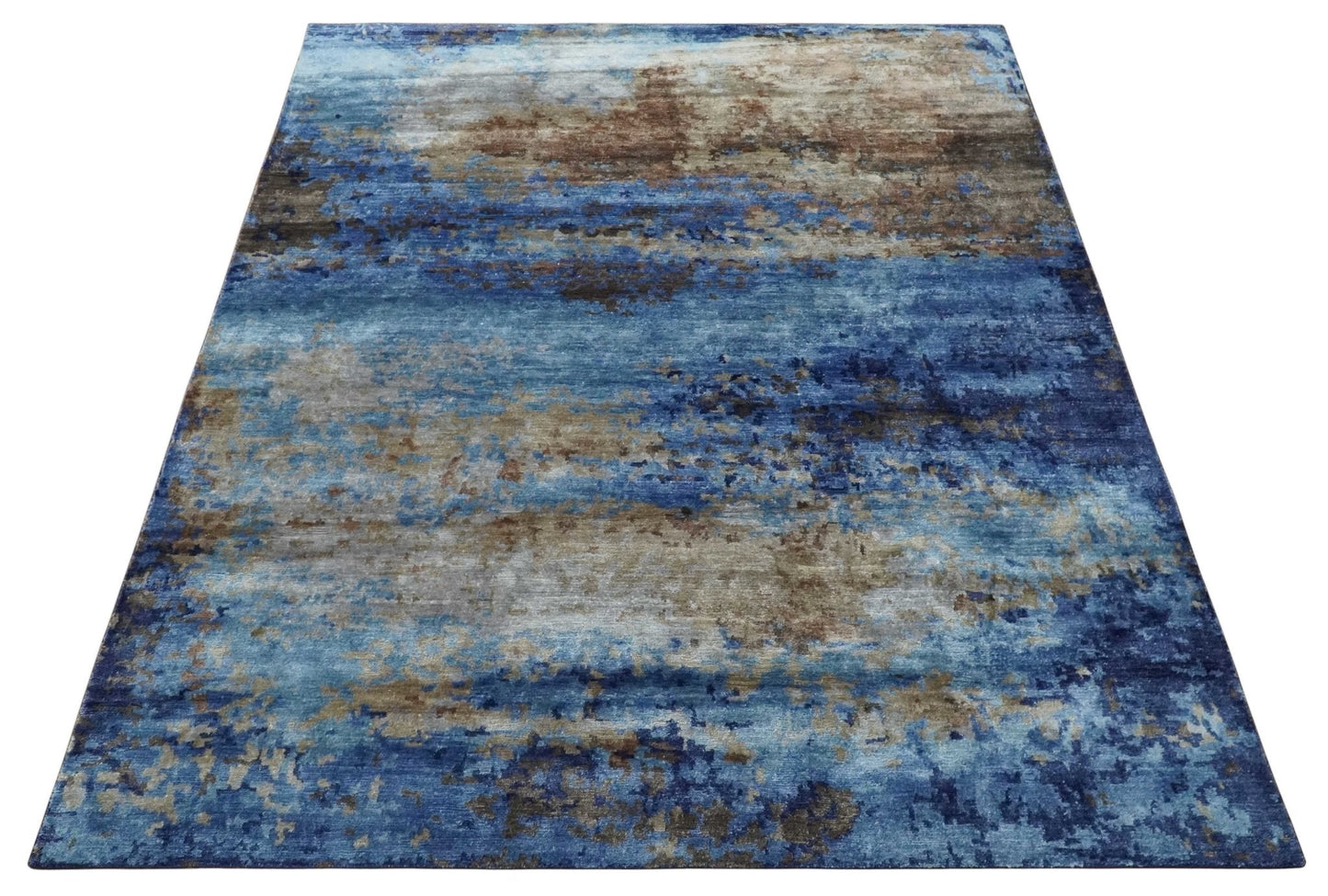 8x10 Blue, Beige and Brown Modern Abstract Hand Knotted wool and bamboo Silk Area Rug - Nuvé