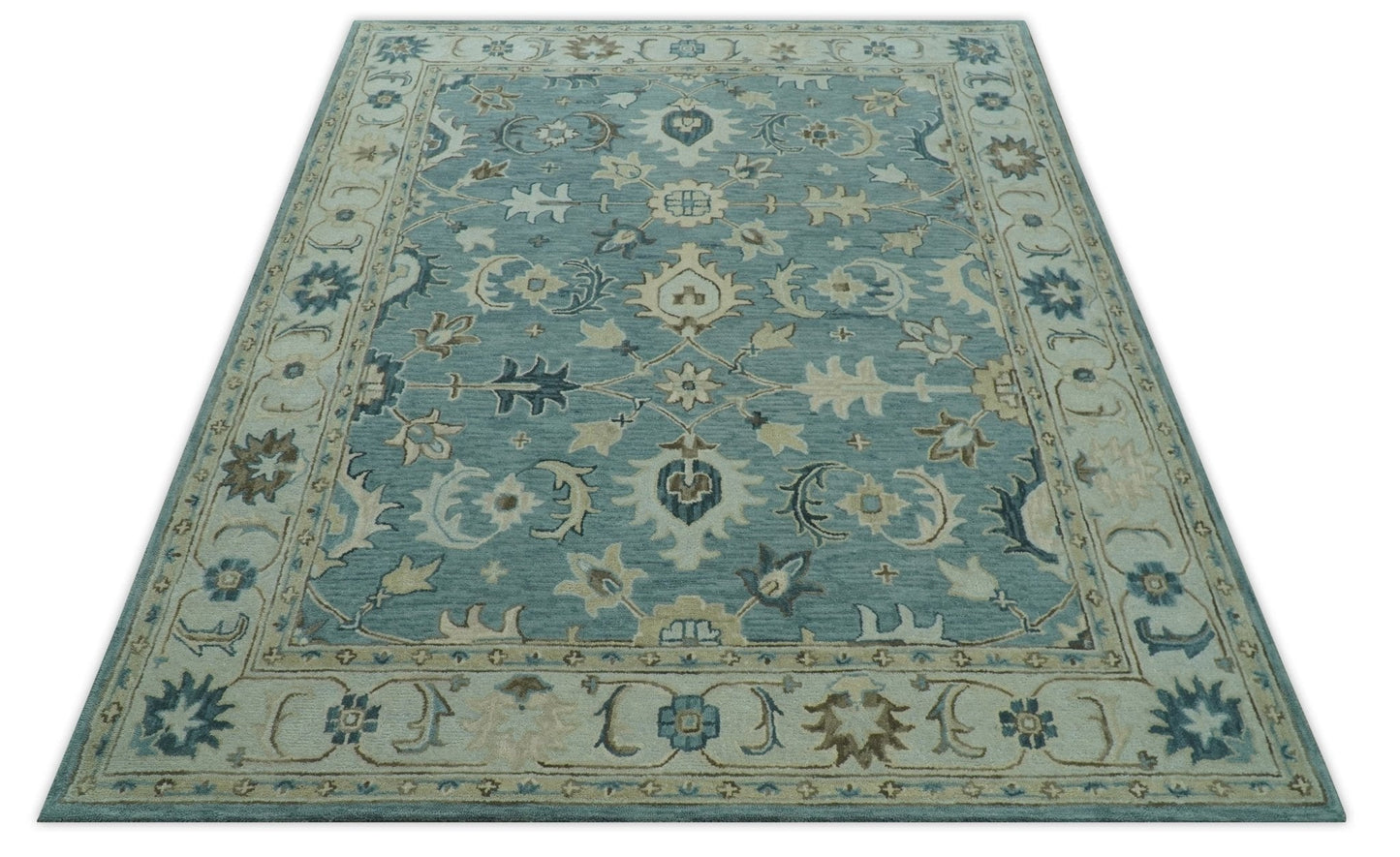 8x10 Blue, Ivory and Beige Hand Tufted Oriental Oushak wool area rug - Nuvé