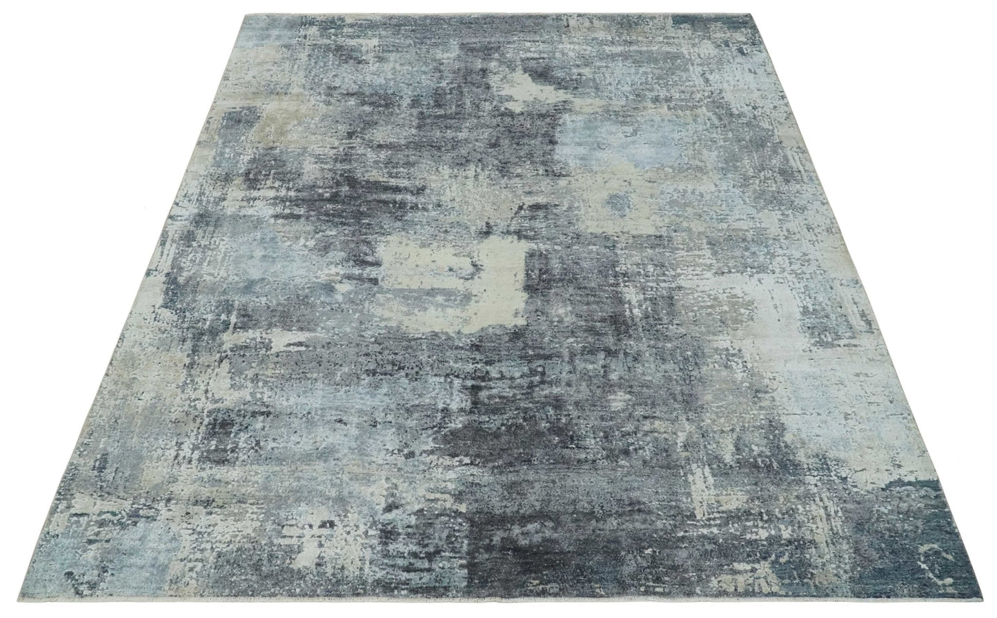 8x10 Charcoal, Beige and Gray Modern Abstract Distressed Finish High Low texture Hand Knotted Rug - Nuvé