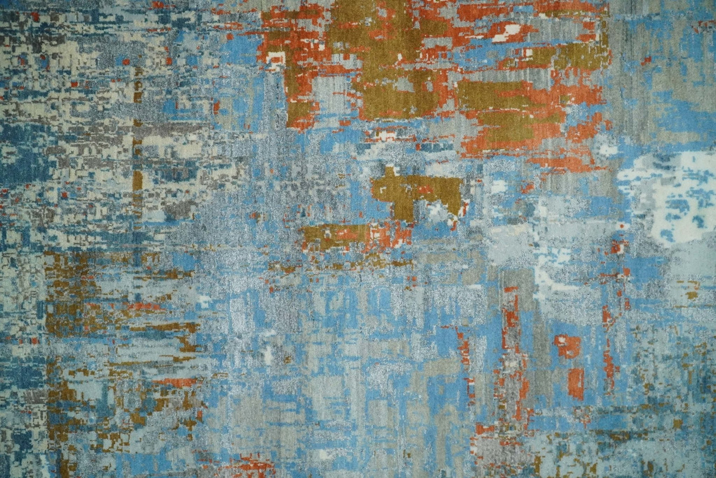 8x10 Fine Hand Knotted Beige and Blue Modern Abstract Style Antique Wool and Silk Area Rug | AGR43 - Nuvé