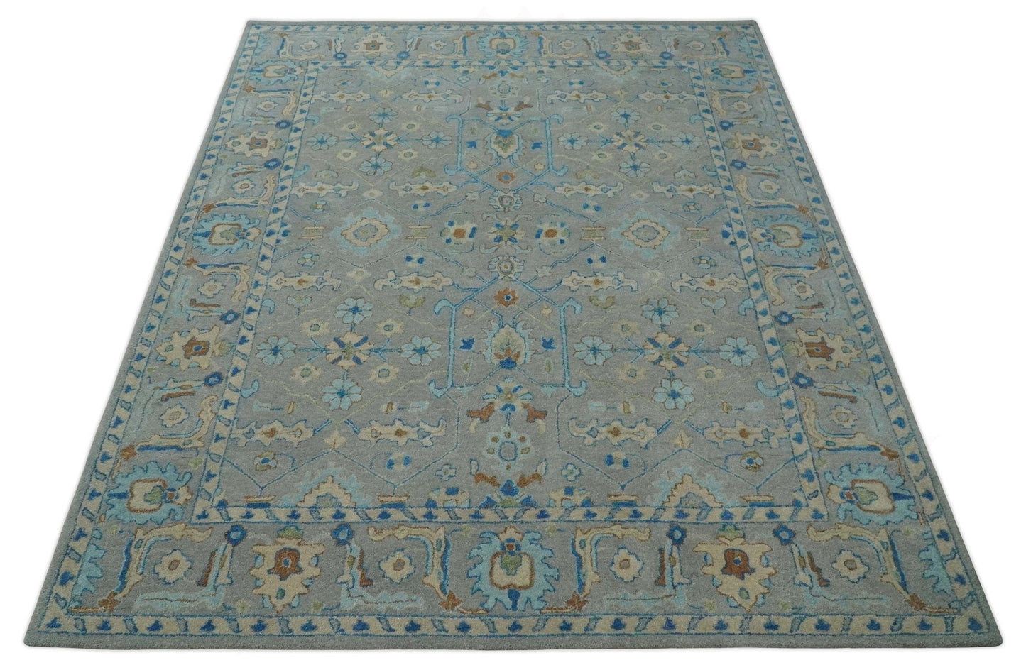 8x10 Hand Tufted Gray, Beige and Accent Blue Traditional Herati Design Wool Rug - Nuvé
