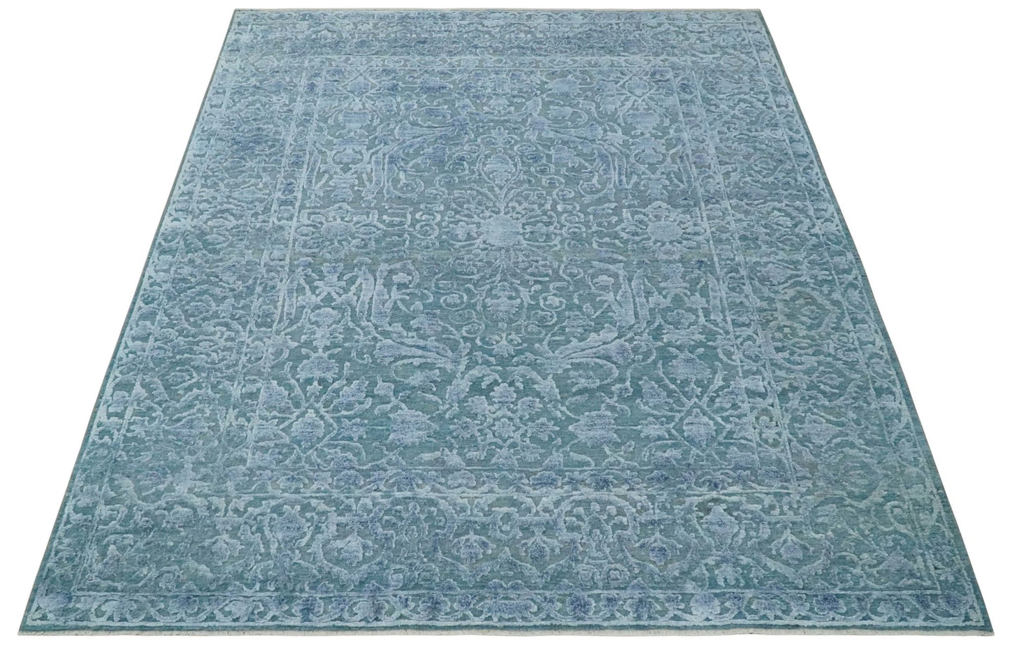 8x9.7 Blue Antique Style, Distressed Finish Hand Carved Traditional Medalian Hand Knotted Wool and Silk Rug - Nuvé