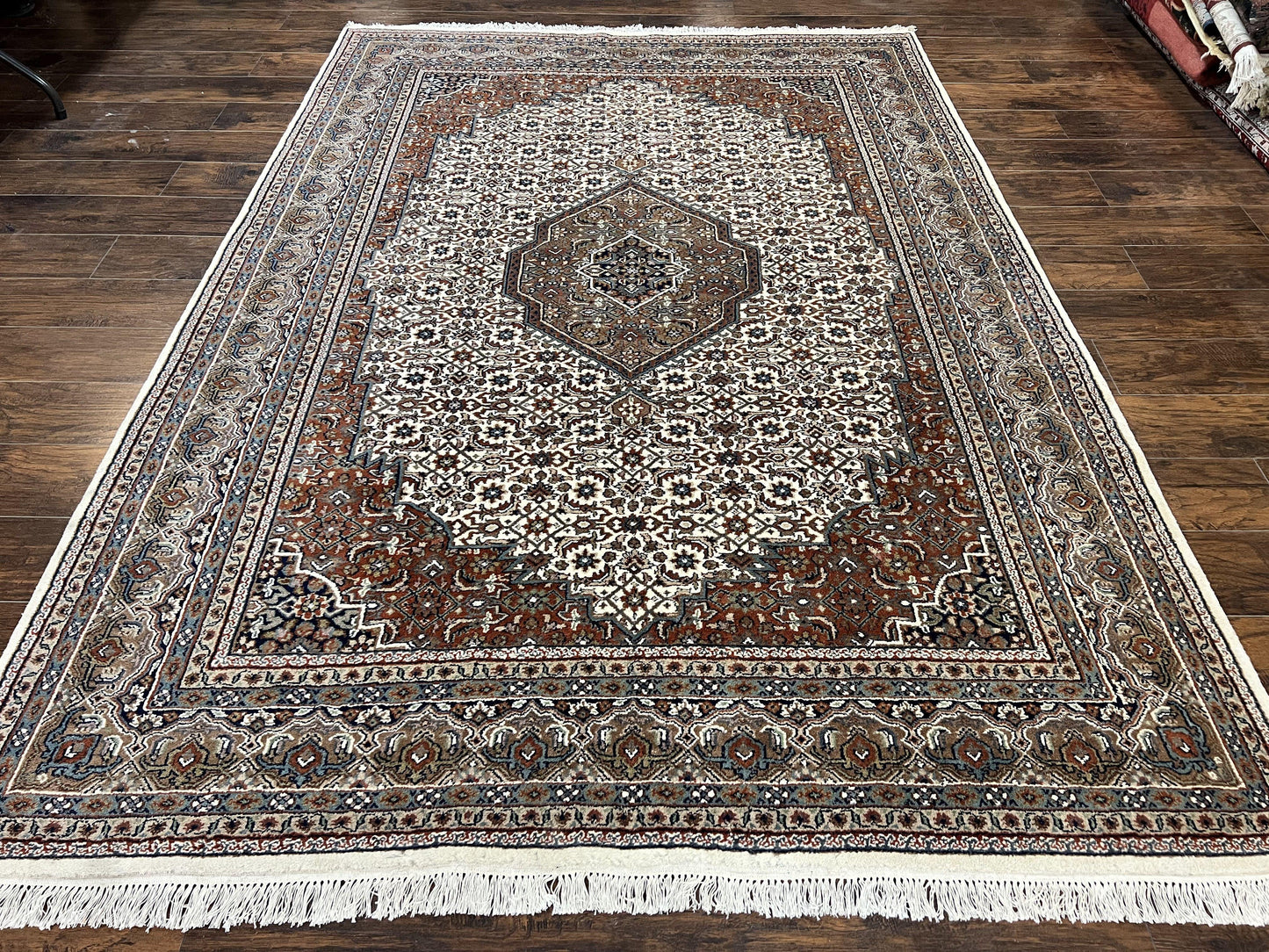 Indo Persian Rug 7x10 ft, Hand Knotted Wool Vintage Oriental Carpet 7 x 10, Traditional Handmade Herati Bidjar Cream Rug, Medallion Rug - Nuvé