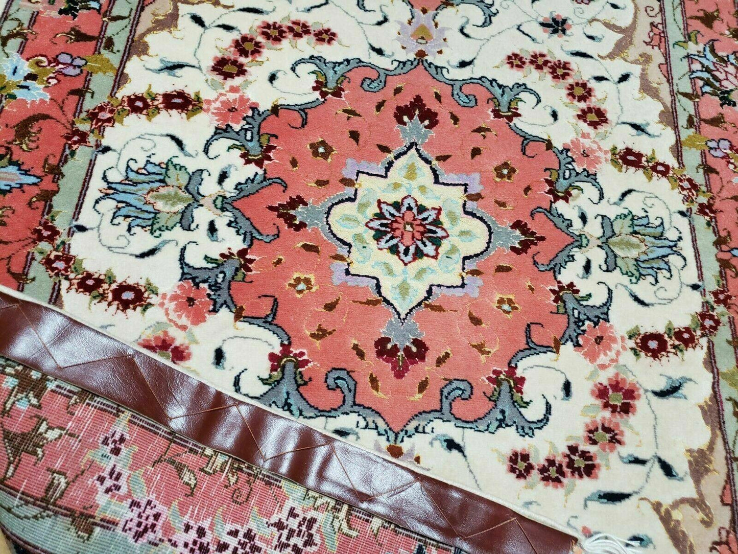 Small Vintage Persian Tabriz Wool and Silk Rug 2.5 x 4 ft, Very Finely Hand Knotted, Medallion, Ivory Salmon Light Blue, Top Quality, Pair A - Nuvé