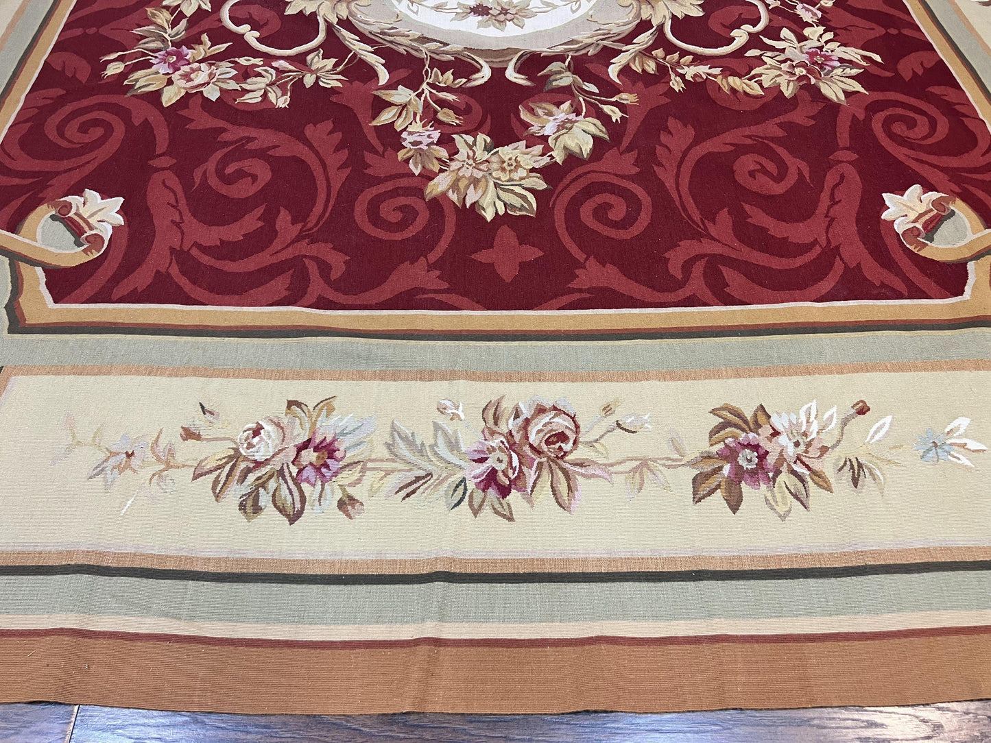 Large Aubusson Rug 10x14, Wool Handmade Vintage Carpet, Dark Red Ivory Tan, French European Elegant Aubusson Weave Rug - Nuvé