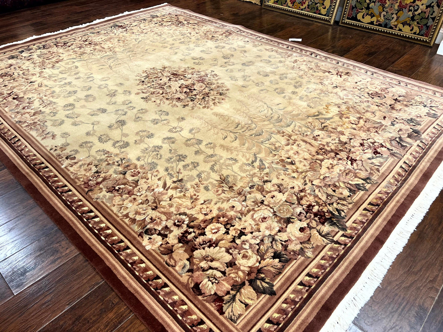 Aubusson Wool Rug 9x11, Wool with Silk Highlights, European Design, Vintage, Handmade, Floral, Fine 210 KPSI - Nuvé