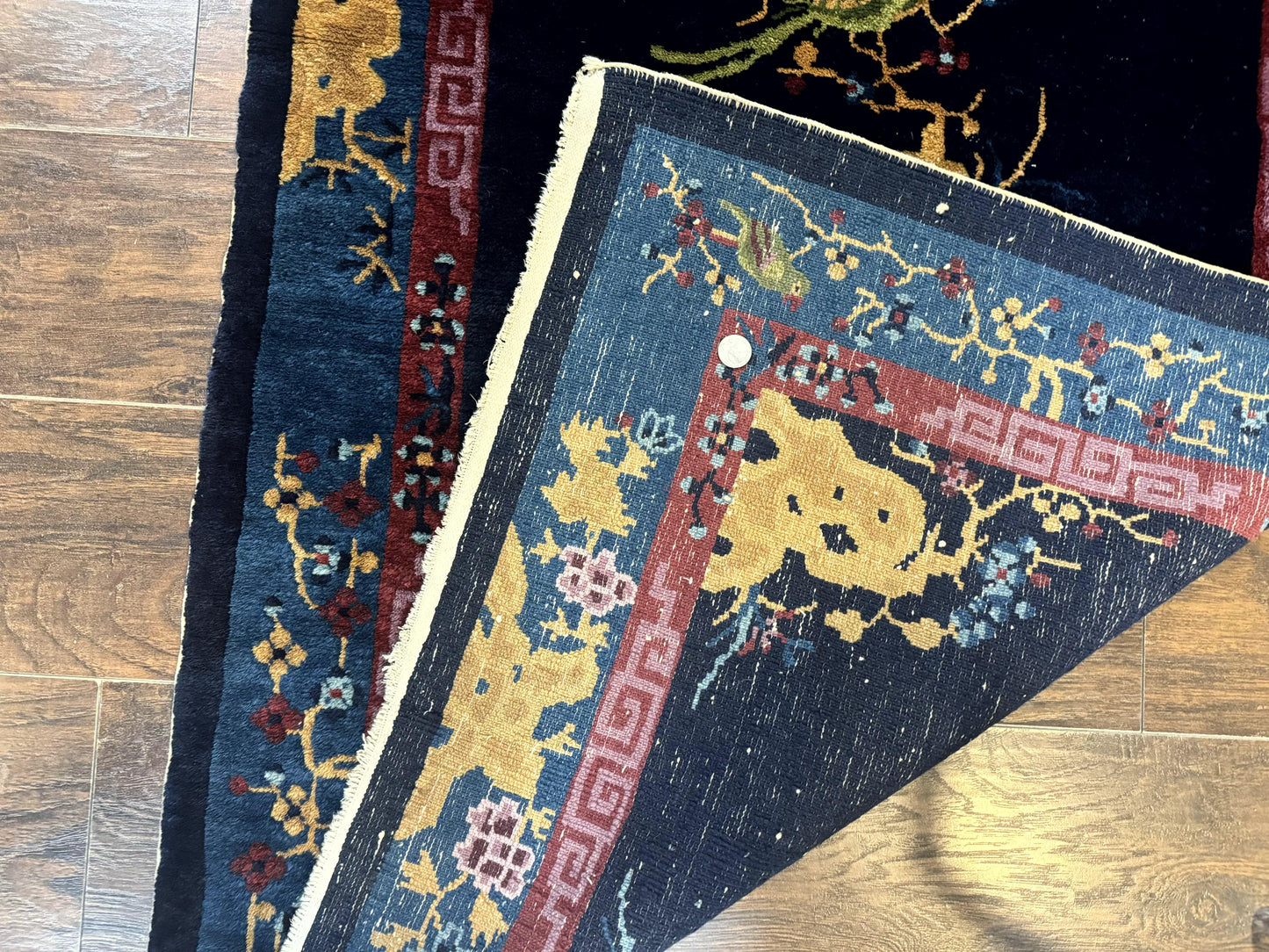 Antique Chinese Peking Rug 3x6, Dark Blue, Bird Motif, Handmade Wool Art Deco Asian Oriental Carpet, Pair A - Nuvé