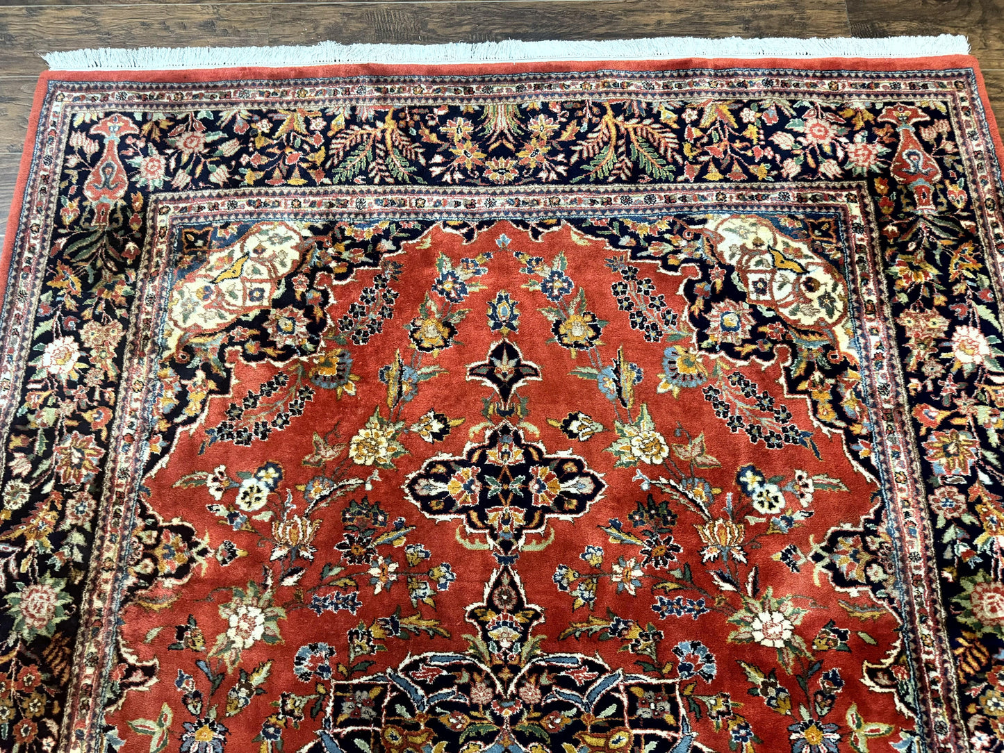 Indo Persian Rug 7x10, Vintage Handmade Wool Carpet, Floral Medallion Traditional Rug, Red and Midnight Blue - Nuvé