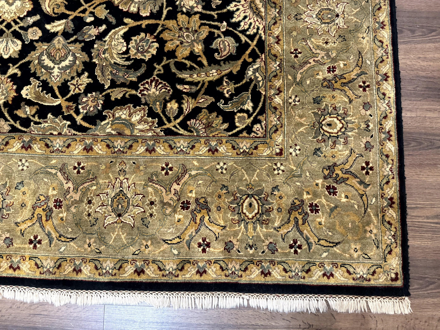 Indo Persian Rug 8x10, Black and Green, Wool, Handmade, Traditional, Floral Allover, Vintage - Nuvé
