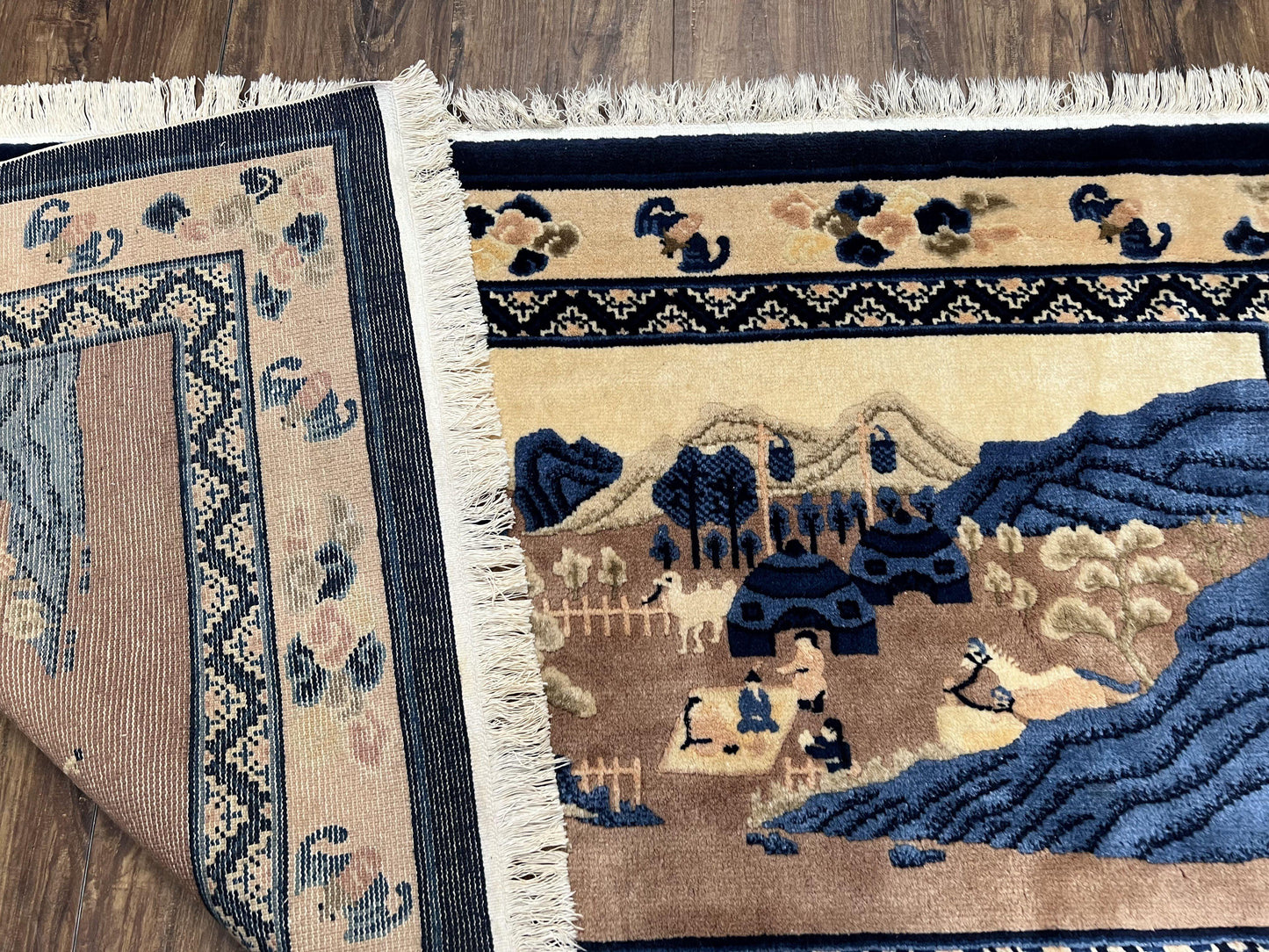 Antique Chinese Pictorial Rug 2.7 x 5, Chinese Village and Hills Carpet, Beige and Dark Blue, Handmade, Horizontal Rug Wall Hanging Tapestry - Nuvé