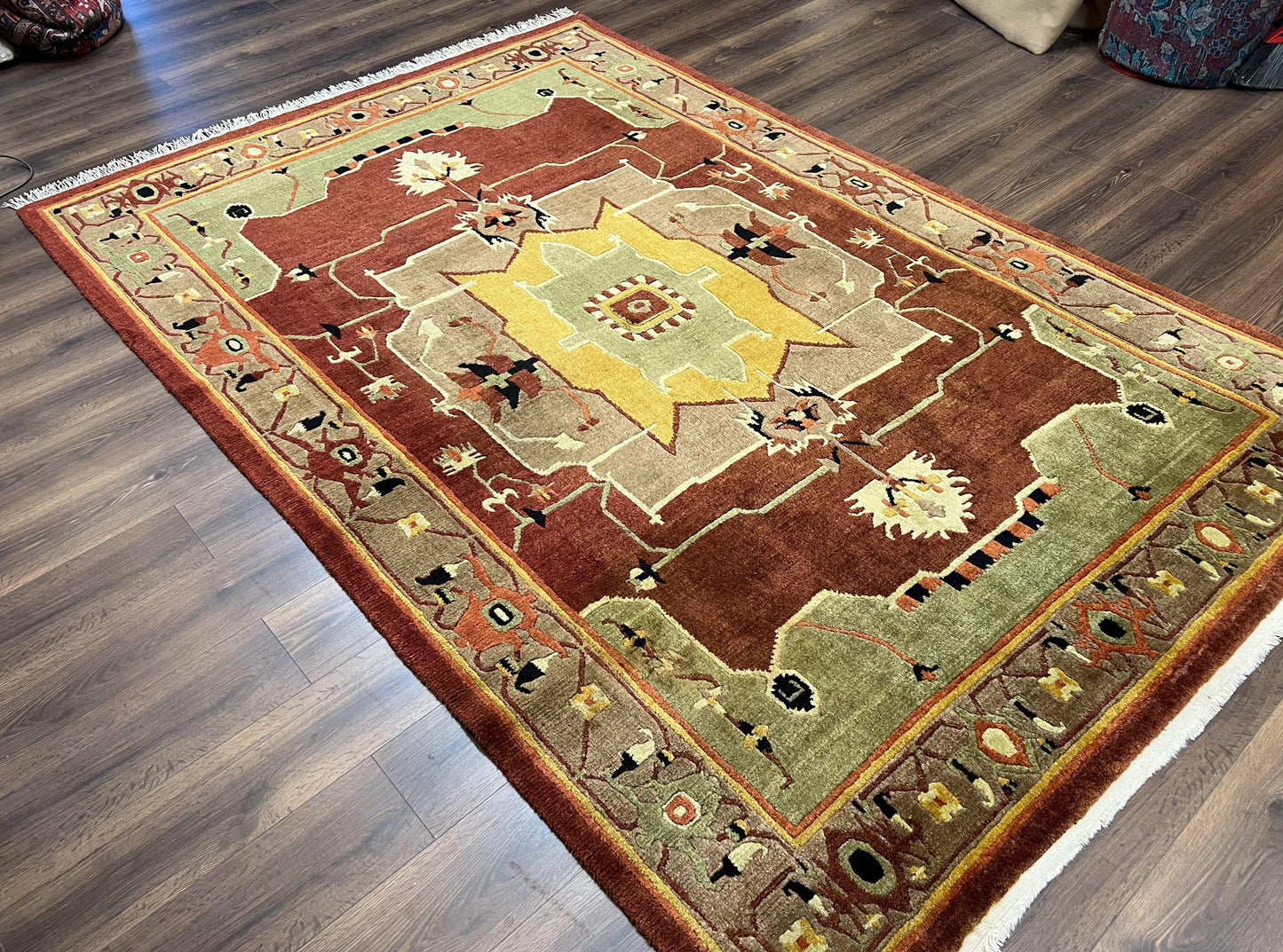Tibetan Rug 7x10, Geometric Medallion, Red Green Taupe, Hand Knotted, Soft Wool Area Rug, Contemporary Carpet, Handmade Nepali Rug 7 x 10 ft - Nuvé