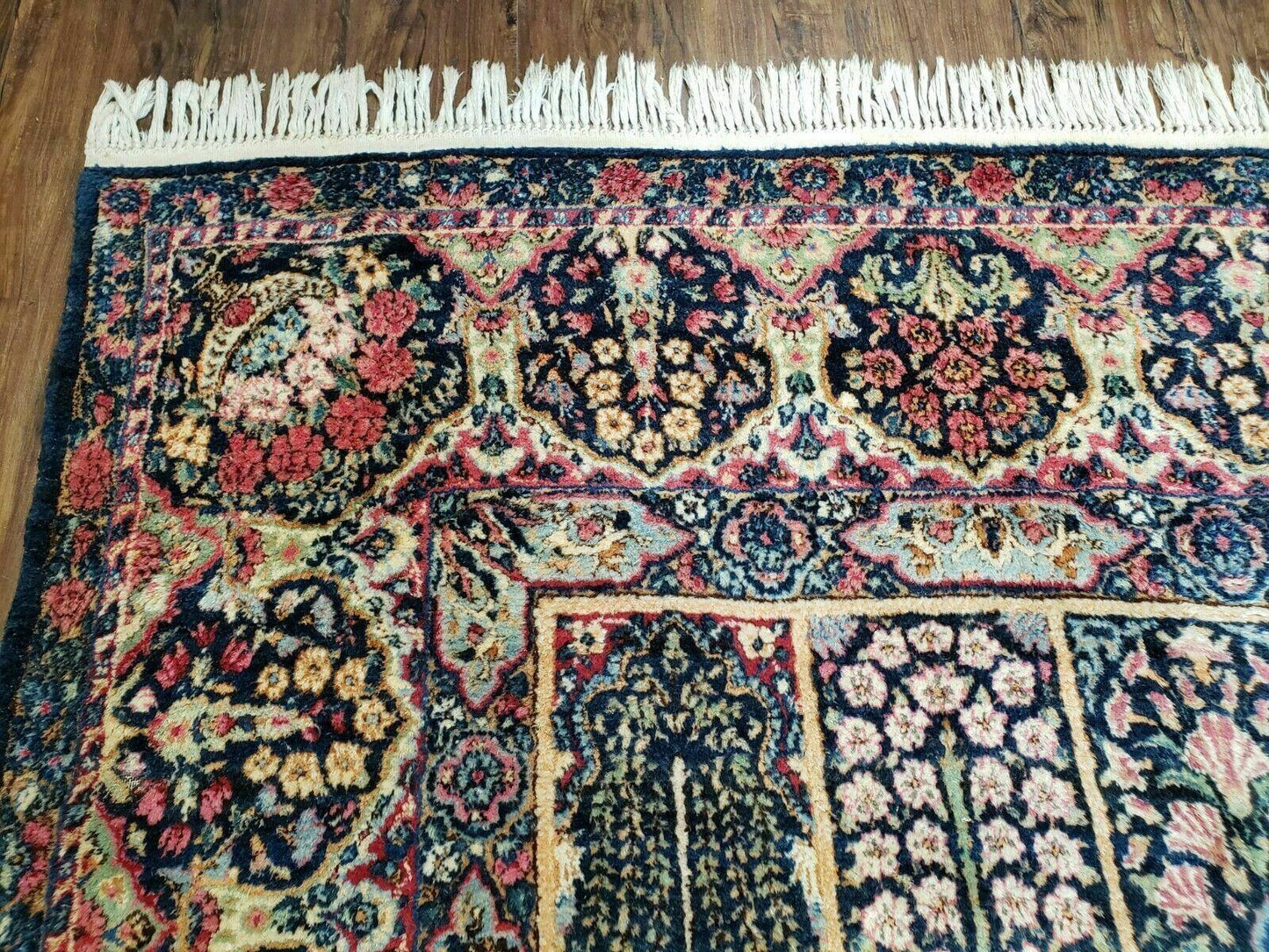 Persian Rug 10x15, Authentic Oriental Carpet 10 x 15, Wool Area Rug Panel Design Hand-Knotted Vintage Kirman Yazd Rug, Dark Blue and Beige, Floral - Nuvé