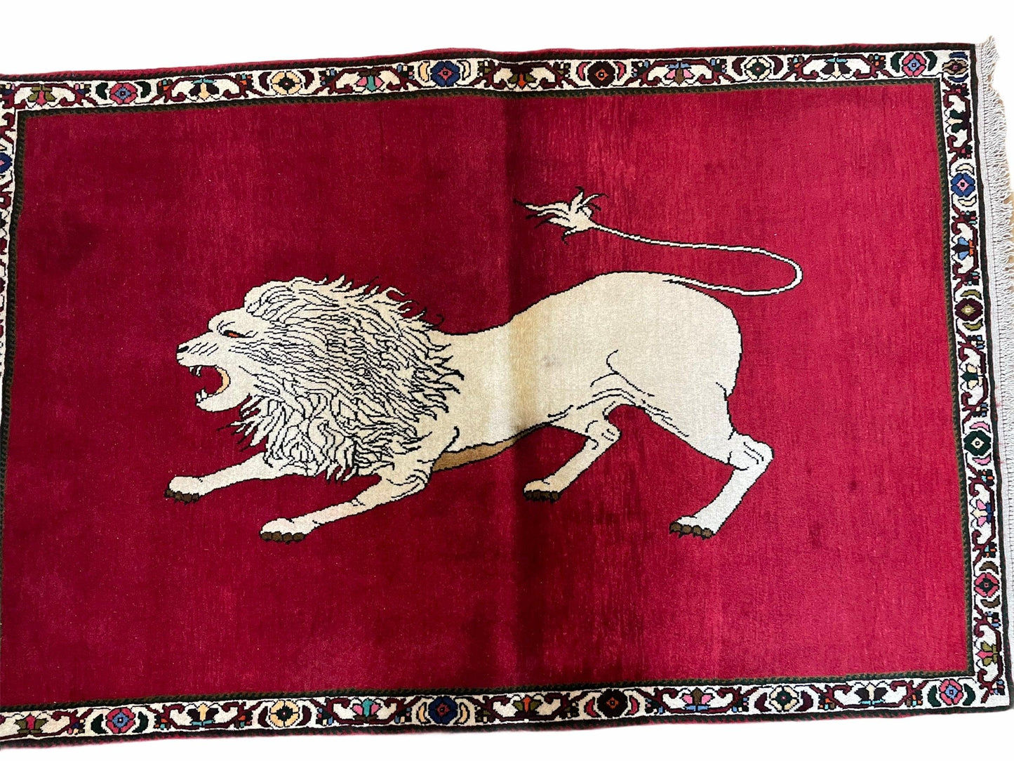 4 X 6 Handmade Hand-Knotted Quality Wool Rug Zagros Lion Red Ivory Tribal Rug - Nuvé