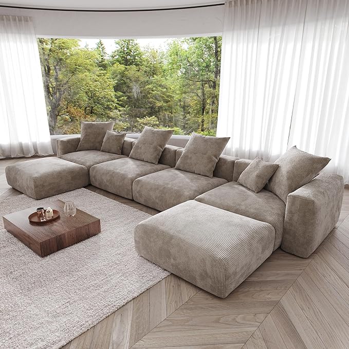 Kanso Corduroy Modular Bouclé Cloud Couch - Brown - 4-Seater Sectional Sofa with 2 Ottomans - Nuvé