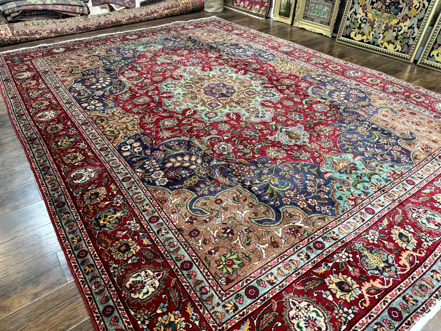 Wonderful Persian Tabriz Rug 10x14, Antique Persian Carpet, Handmade Wool Rug, Floral Medallion, Red Navy Blue, Colorful, Large Persian Area Rug - Nuvé