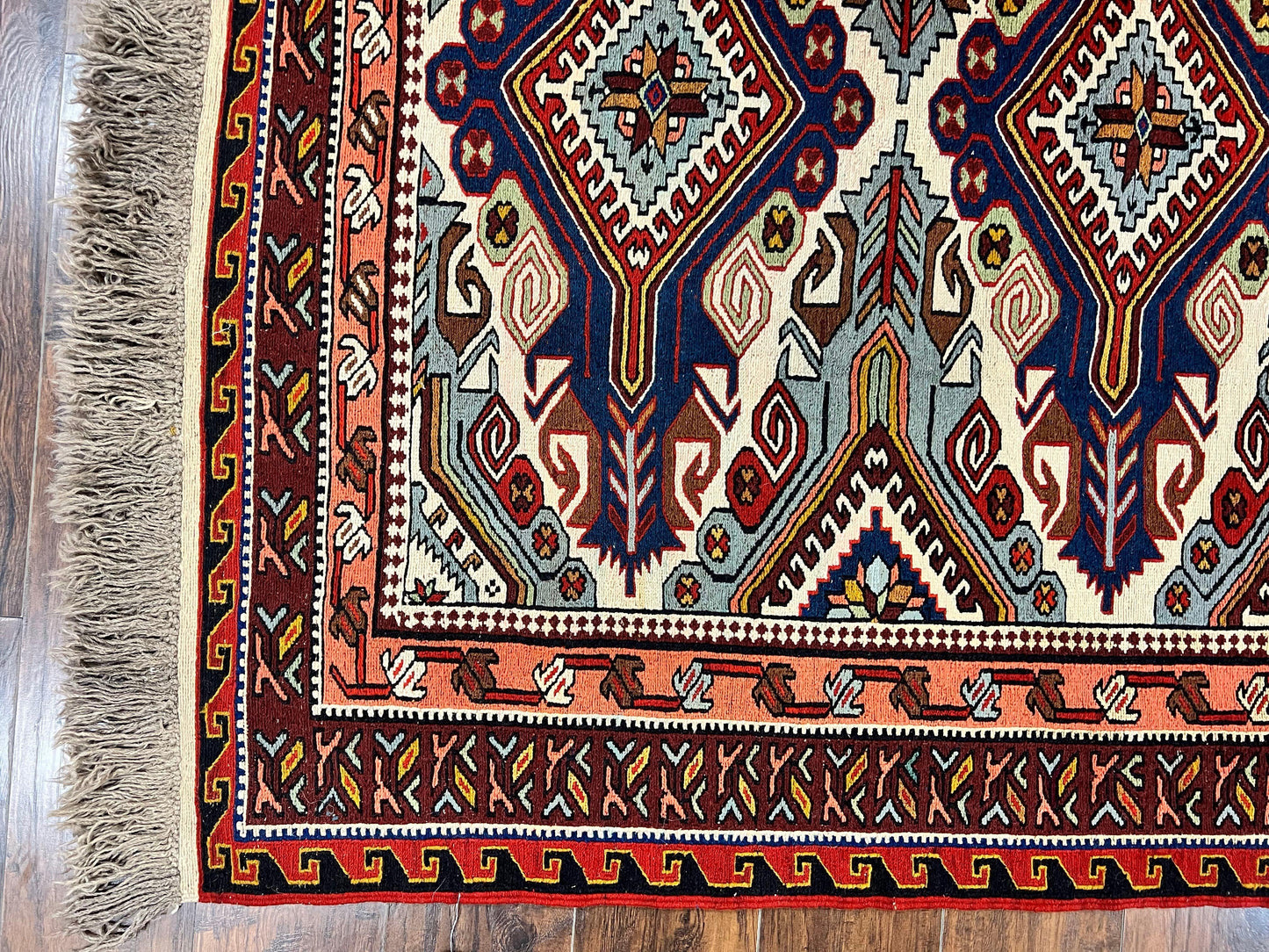 Russian Soumak Rug 6x8, Wool Handmade Antique Kilim Carpet, Multicolor 6 x 8 Geometric Medallions Caucasian Rug, Medium Size - Nuvé