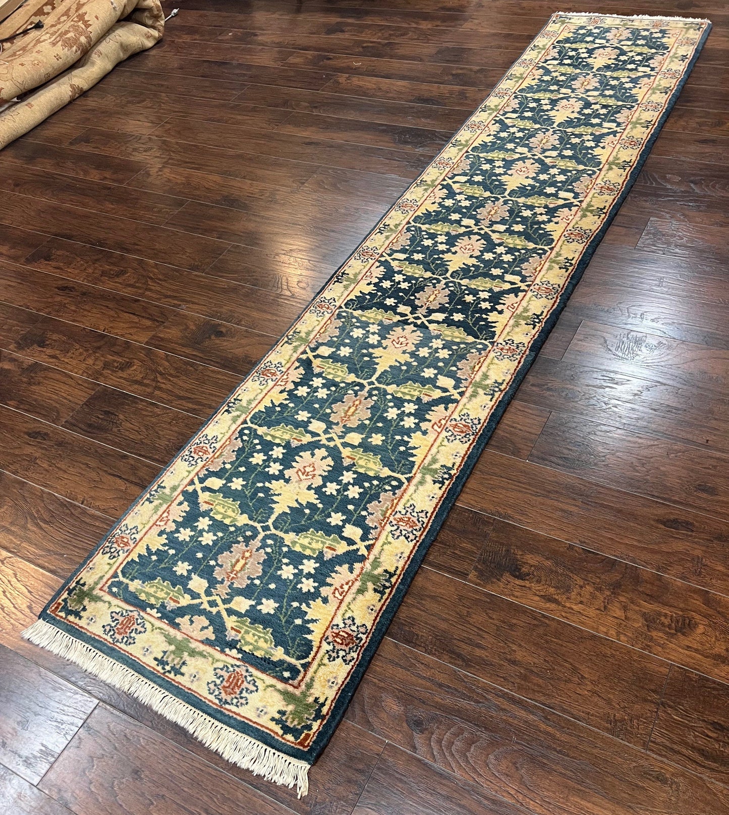 Indian Runner Rug 2.6 x 12, Navy Blue Beige Oriental Runner Rug 12ft Long, Narrow Hallway Runner, Wool Hand Knotted Indo Persian Mahal Rug - Nuvé