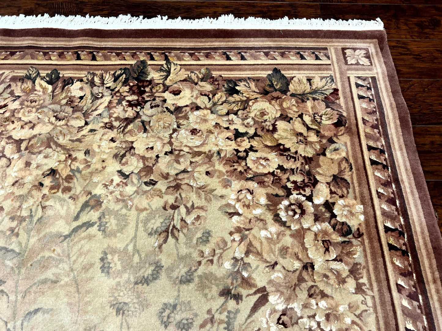 Aubusson Wool Rug 9x11, Wool with Silk Highlights, European Design, Vintage, Handmade, Floral, Fine 210 KPSI - Nuvé