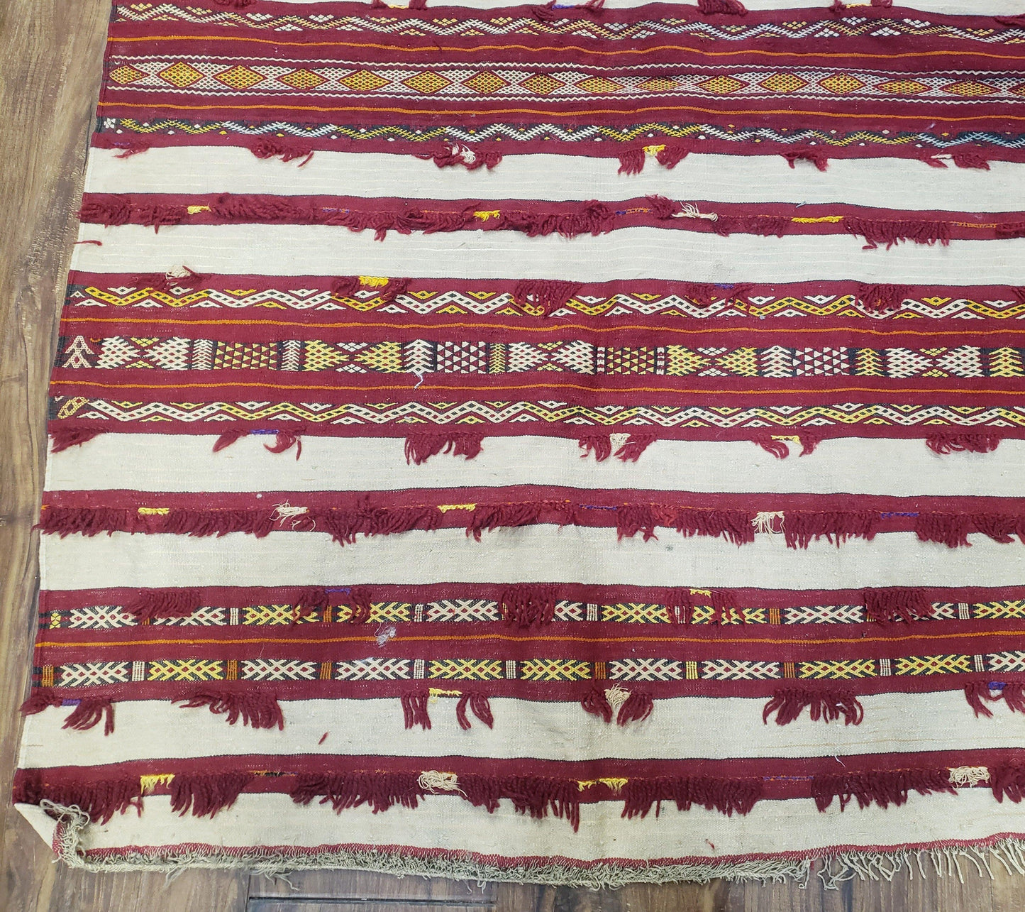 Antique Turkoman Yamud Rug 3x5 ft, 1920s Turkmen Sofreh Table Cover, Bohemian Rug, Tribal Collectible, Striped Rug, Handmade Ivory and Red - Nuvé