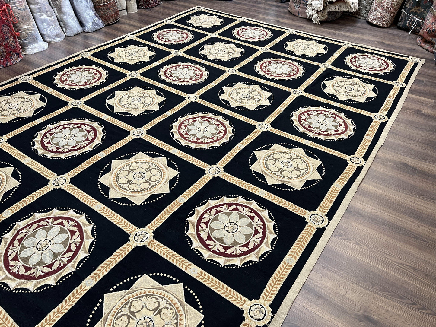 Large Needlepoint Rug 10x13, Panel Design, Black and Beige, Wool Needlepoint Carpet 10 x 13, English Garden, Handwoven Area Rug, Living Room - Nuvé