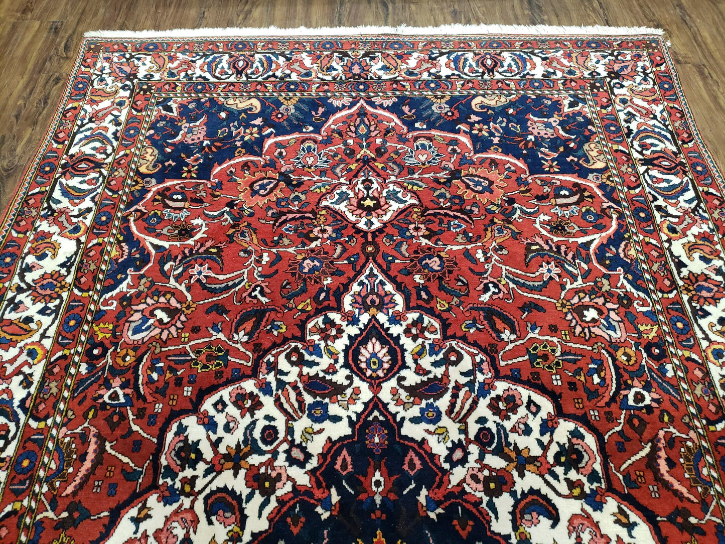 Semi Antique Persian Bakhtiari Rug, Hand-Knotted, Wool, Red, Midnight Blue, Ivory, Floral Medallion, 5'1" x 8' 6" - Nuvé