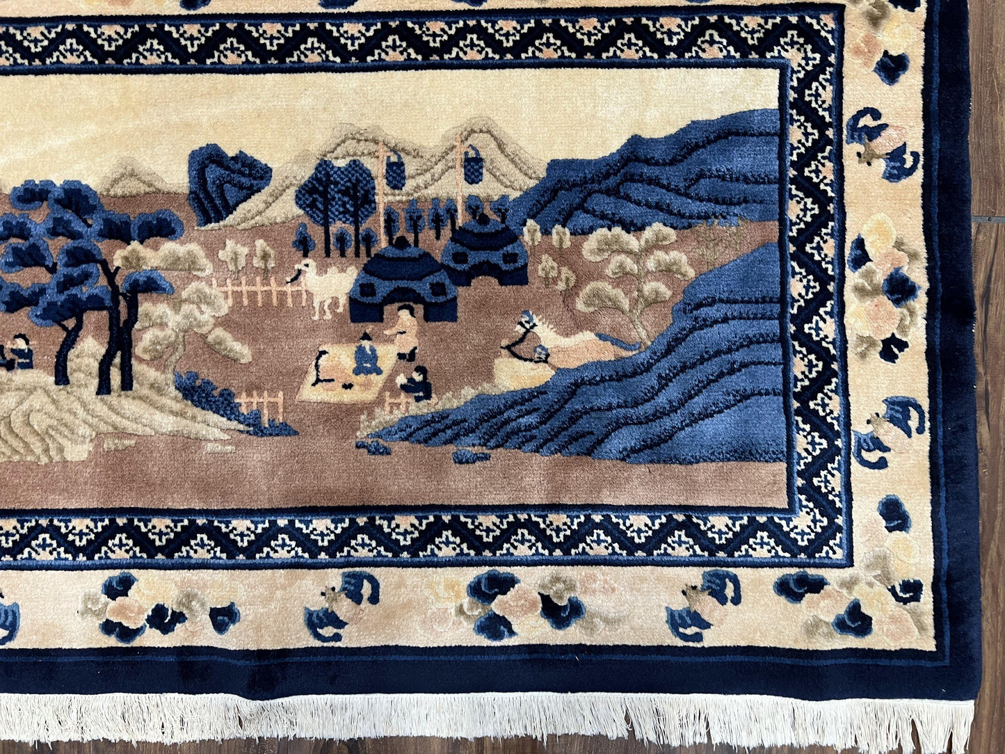 Antique Chinese Pictorial Rug 2.7 x 5, Chinese Village and Hills Carpet, Beige and Dark Blue, Handmade, Horizontal Rug Wall Hanging Tapestry - Nuvé