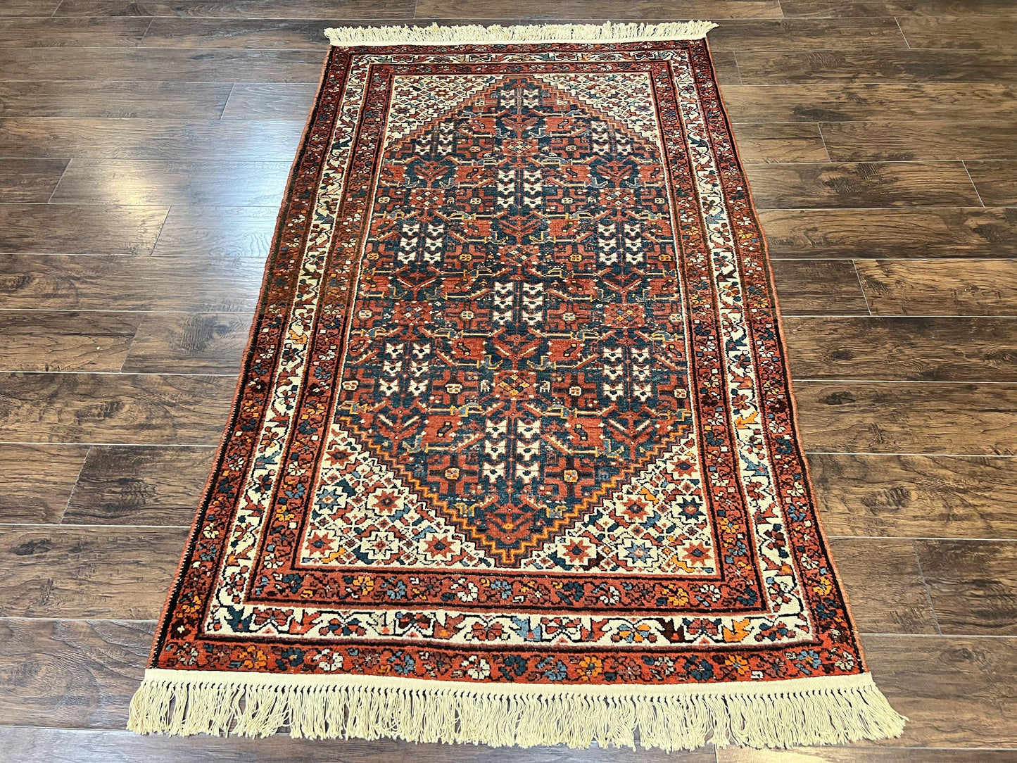 Persian Malayer Rug 4x7, Tribal Rug, Geometric, Antique Oriental Carpet, Red Blue Cream, Boho Rug, Hand Knotted Wool Rug - Nuvé