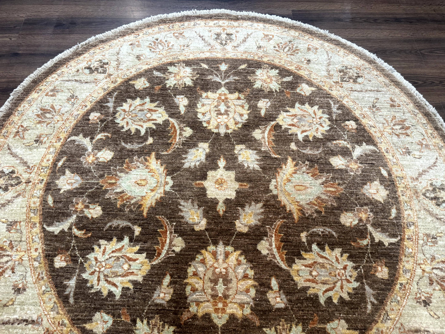 Round Pakistani Rug 6x6, Brown and Beige, Floral, Peshawar Rug, Traditional - Nuvé