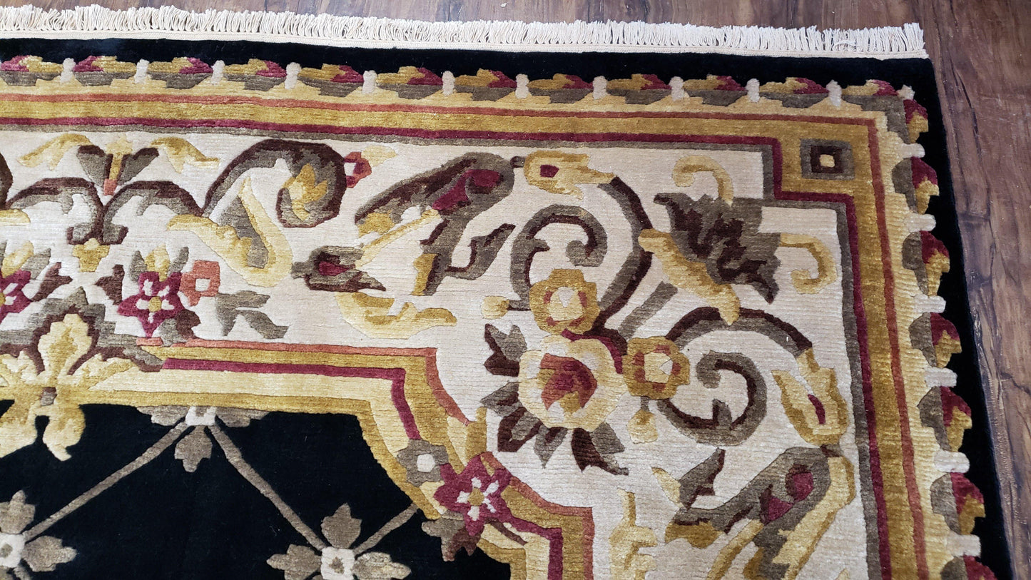 Nepal Rug 6x9, New Aubusson Nepalese Tibetan Carpet 6'1" x 8' 8", Hand-Knotted Wool, Unused, Black & Cream, Savonnerie Pattern, Soft Pile - Nuvé