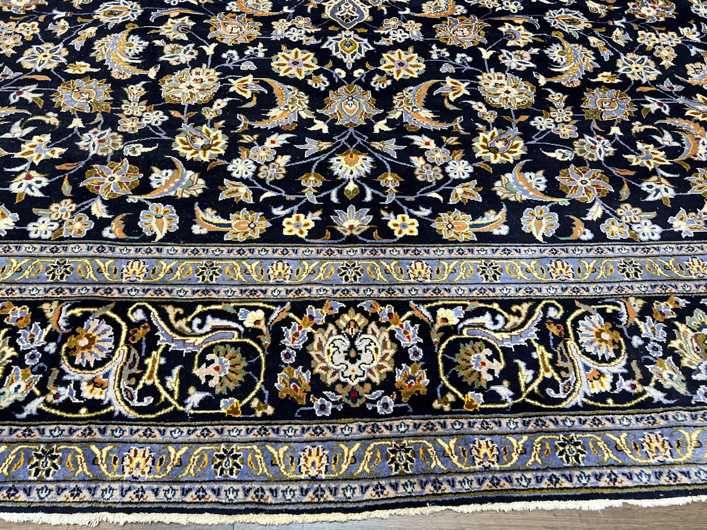 Wonderful Navy Blue Persian Kashan Rug 11x13, Allover Floral Design with Central Medallion, Wool Hand-Knotted Antique Carpet, Signed Rabani Rug - Nuvé
