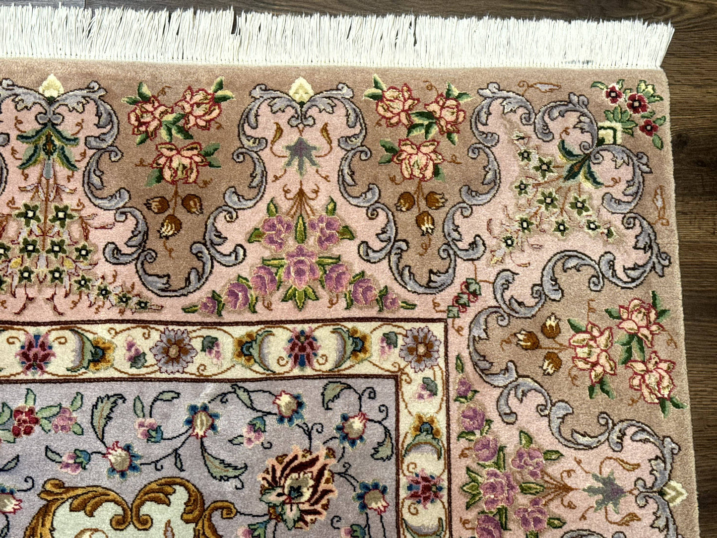 Wonderful Persian Tabriz Rug 7x10, Very Fine 330 KPSI, Light Green Light Blue Pink, Kork Wool Silk Foundation, Bird Pictorials - Nuvé