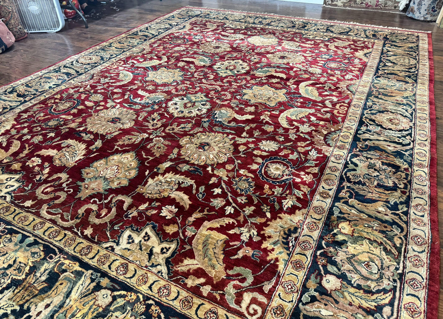 Indo Persian Rug 10x14, Indian Agra Carpet, Vintage Handmade Wool Large Traditional Rug, Dark Red Navy Blue Beige - Nuvé