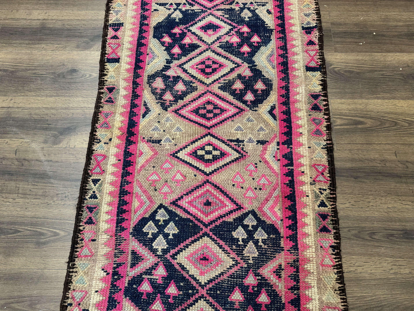 Turkish Runner Rug 3x10, Pink and Navy Blue, Bohemian Runner for Hallway or Kitchen, Vintage, Geometric, Tribal - Nuvé