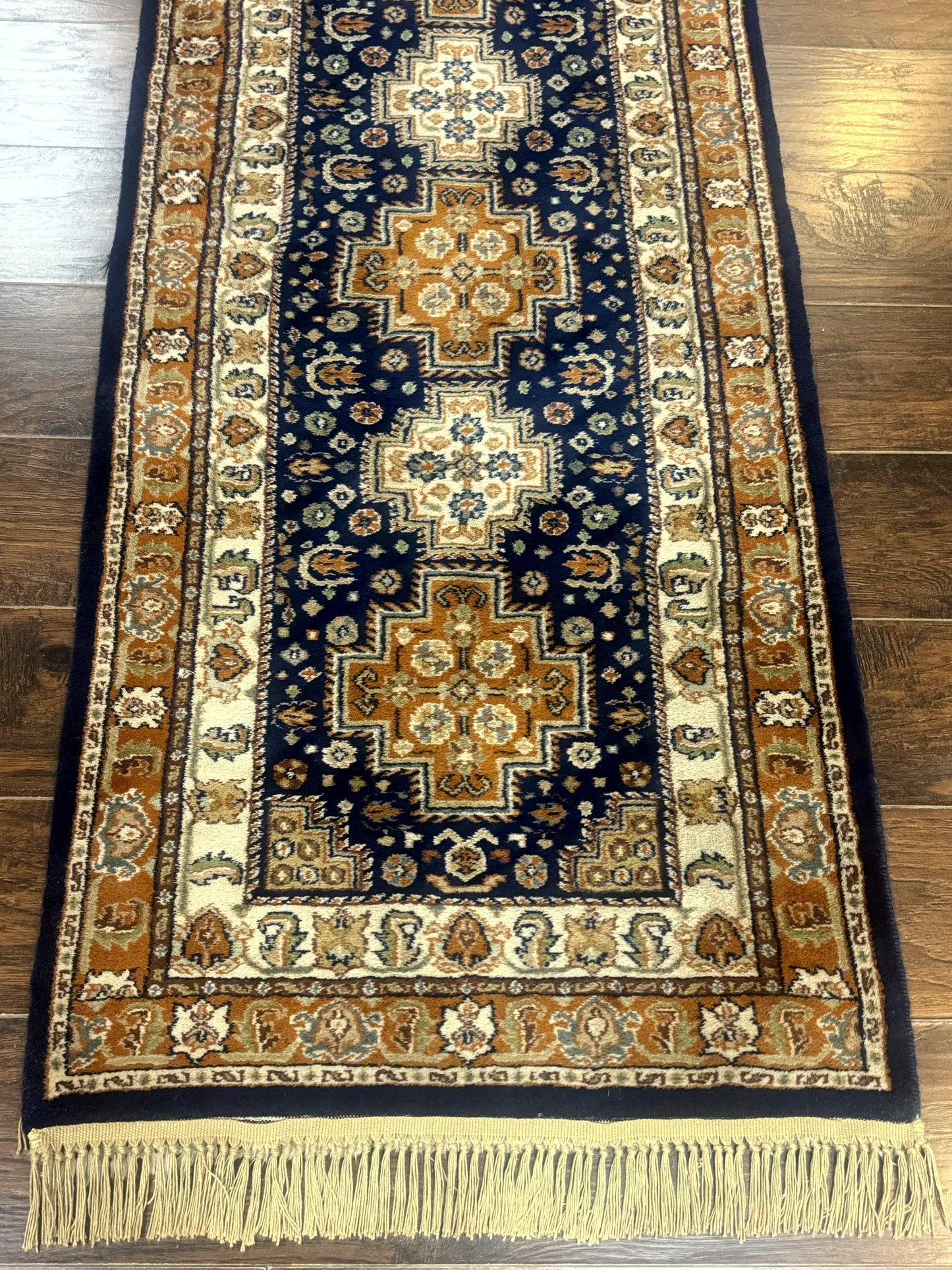 Indo Persian Runner Rug 2.6 x 12.7, Indian Kashmiri Runner for Hallway or Kitchen, Navy Blue, Geometric Medallions, Handmade Wool - Nuvé