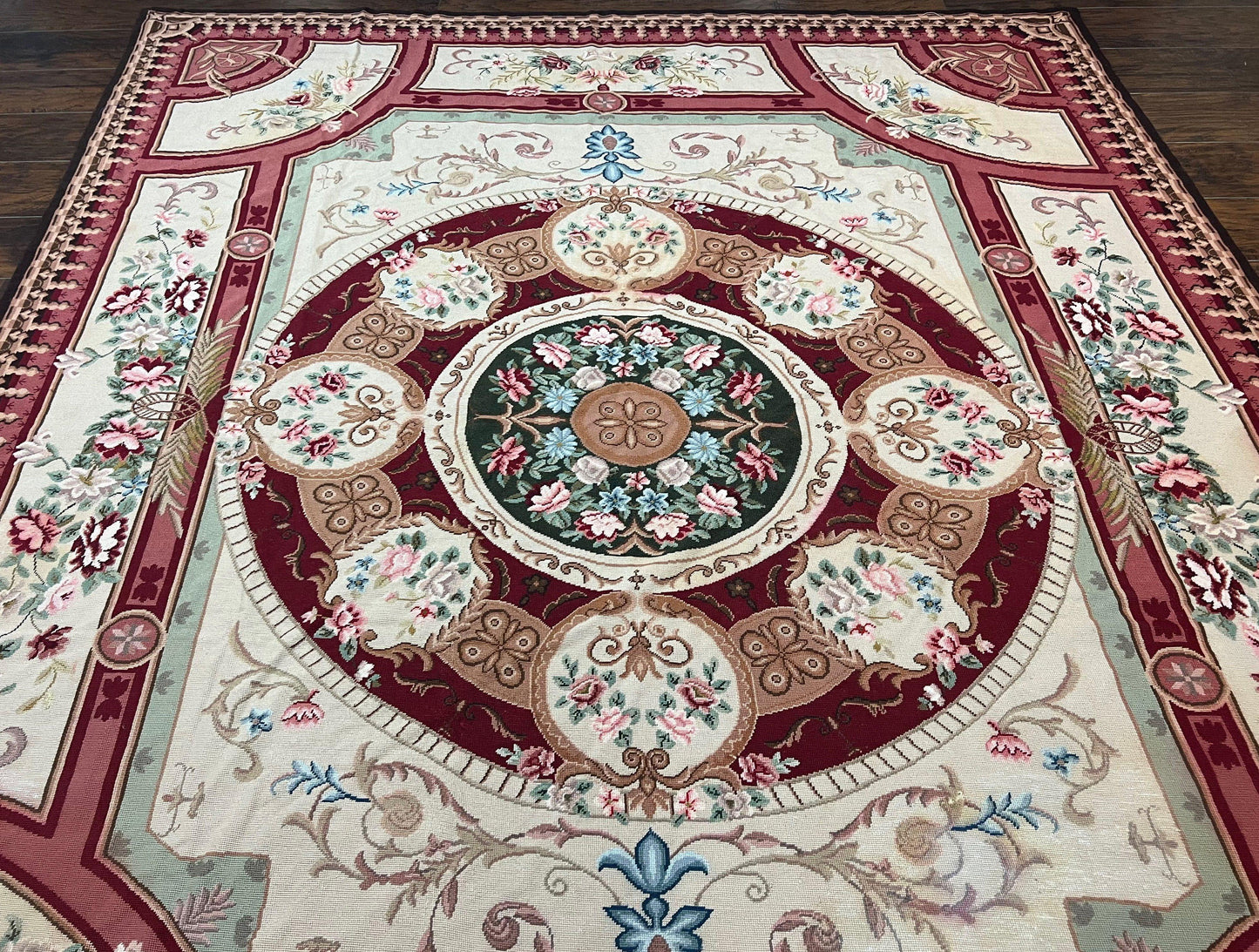 Needlepoint Rug 7.9 x 9, Beige Maroon Rose, Handmade Handwoven Flatweave Aubusson Savonnerie French European Elegant Carpet, Wool Rug - Nuvé