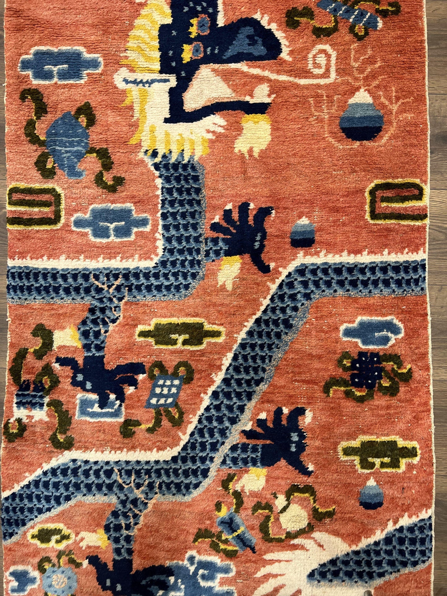 Rare Chinese Ningxia Pillar Rug 3x8, Late Qing Dynasty, 5 Clawed Dragon, Cloud Rainbow Border, Collectible Antique Carpet, Wool Hand Knotted - Nuvé