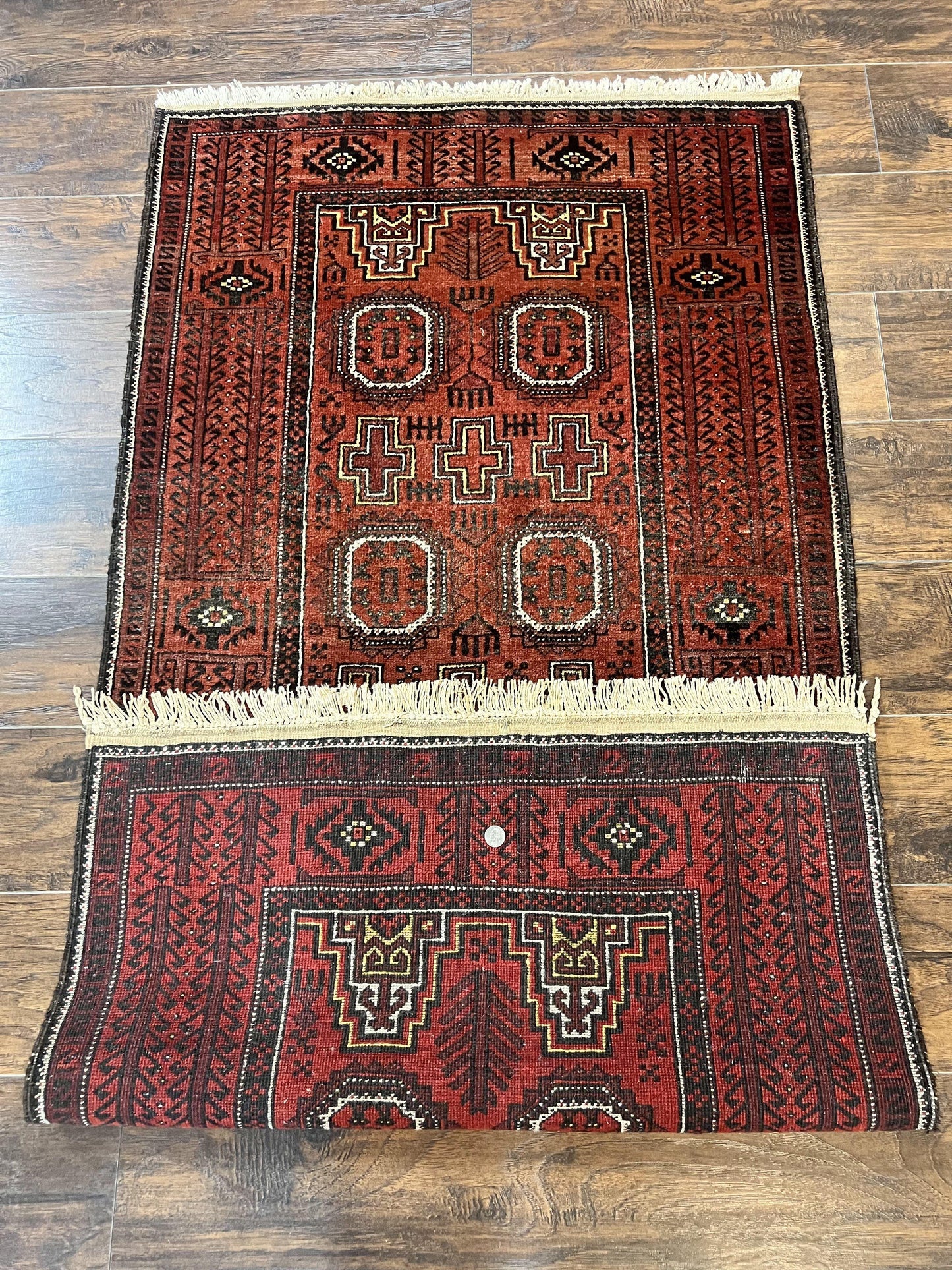 Antique Persian Turkoman Rug 3x6, Wool Tribal Handmade Carpet, Red and Black - Nuvé