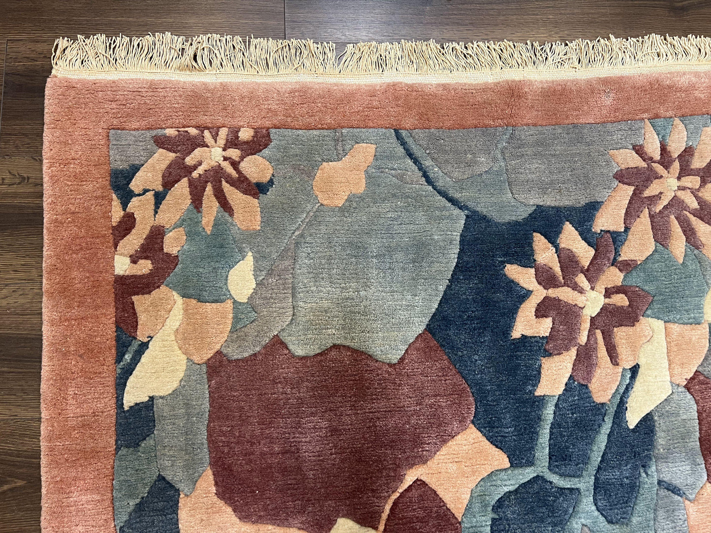 Modern Tibetan Rug 5.7 x 7.9, Abstract Multicolor Flower Pattern, Navy Blue Maroon Salmon, Soft Wool, Hand Knotted Contemporary Carpet 6x8 - Nuvé