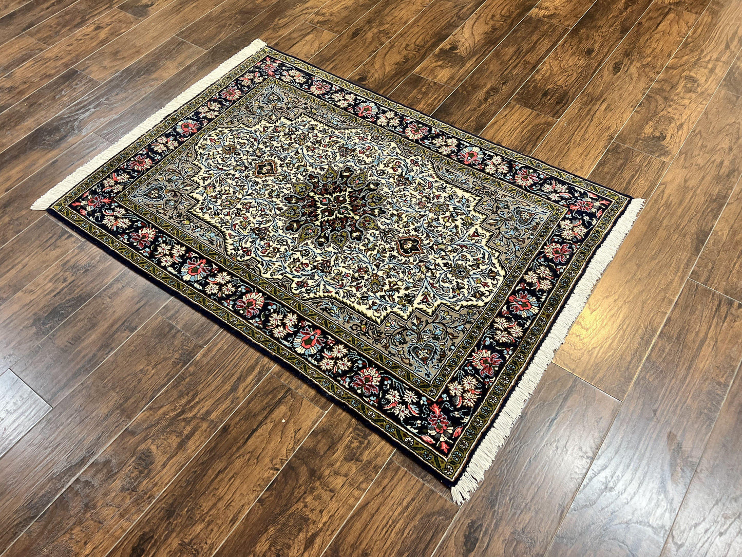 Persian Qum Rug 3x5, Wool with Silk Highlights, Handmade Semi Antique Carpet, Ivory & Navy Blue, Floral Medallion, Finely Hand Knotted - Nuvé