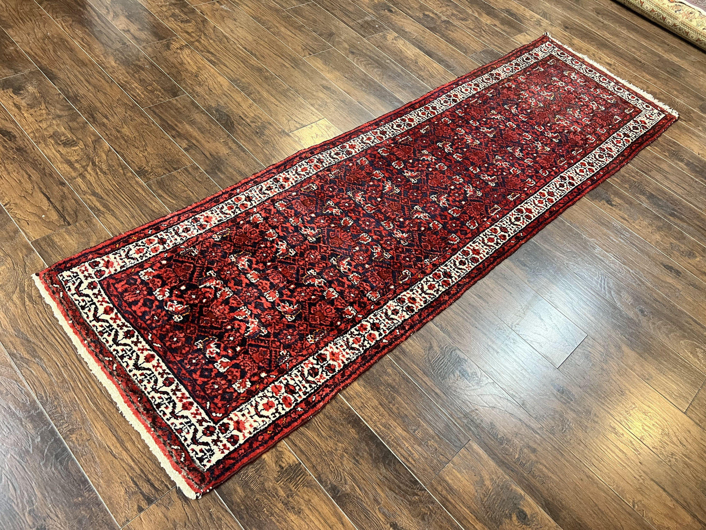 Persian Tribal Runner 3 x 9, Hamadan Dargazin Rug, Dark Blue and Red Wool Hand Knotted Hallway Rug, Vintage Antique Oriental Runner, 9ft Long Runner, Herati - Nuvé