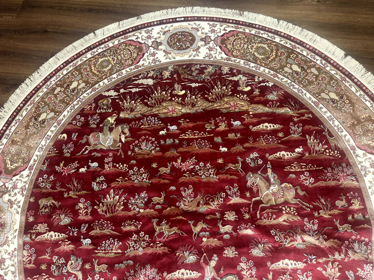 Large Round Turkish Silk Rug 8x8, Hunting Design, Dark Red & Ivory, Bamboo Silk - Nuvé