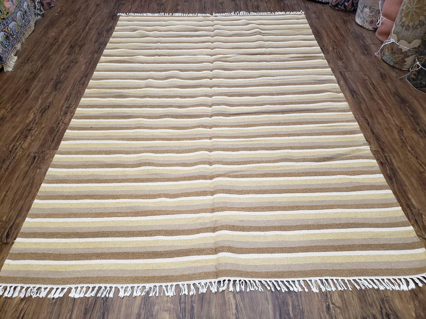 Indian Striped Blanket 6x9, Large Indo Kilim Area Rug, Earthern Tones Woolen Hand-Woven Flatweave South American Style Queen Size Bedspread - Nuvé