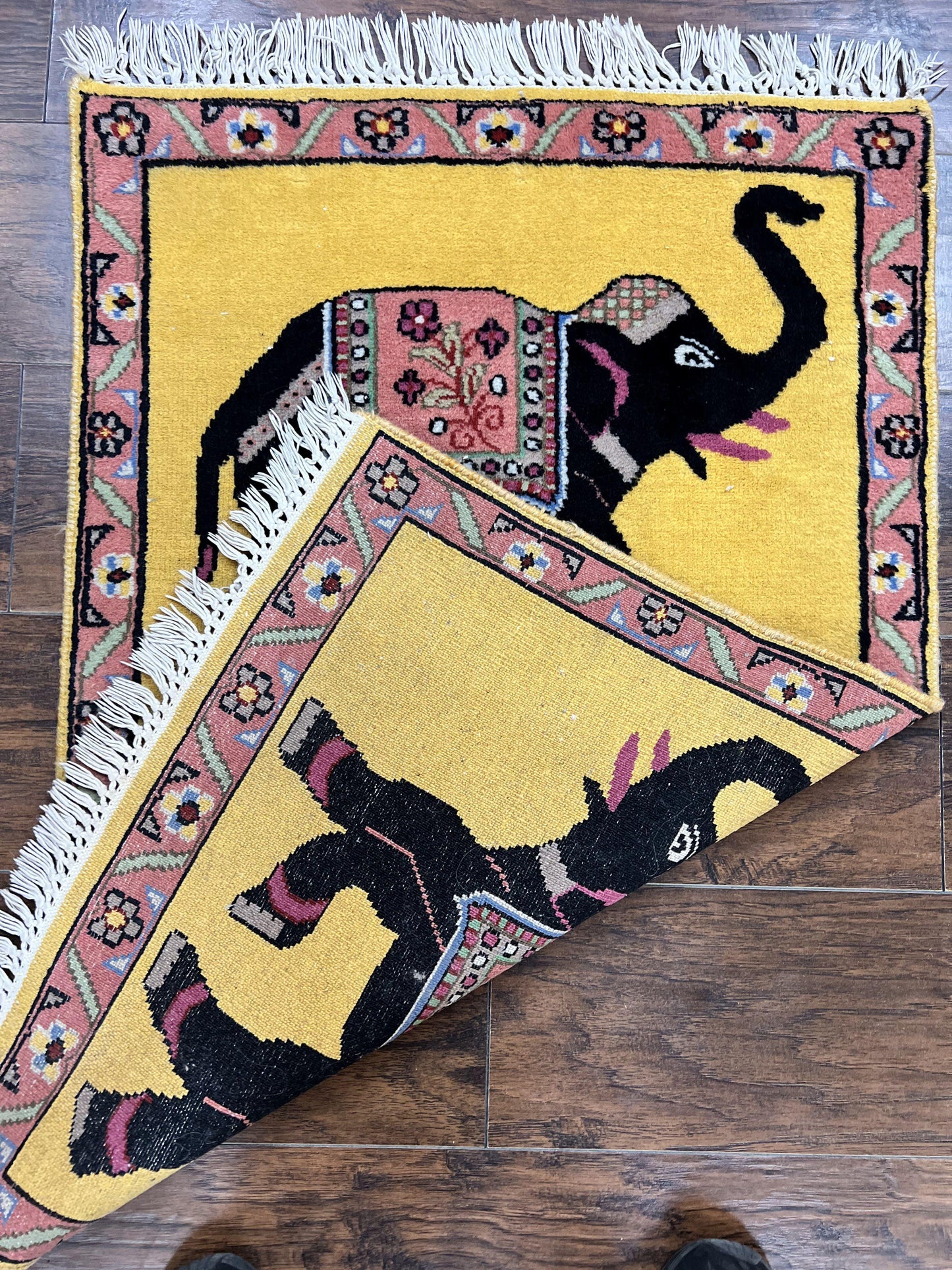 Unique Indian Pictorial Rug 2x3, Small Wool Hand Knotted Oriental Carpet, Yellow, Two Elephants, Handmade - Nuvé