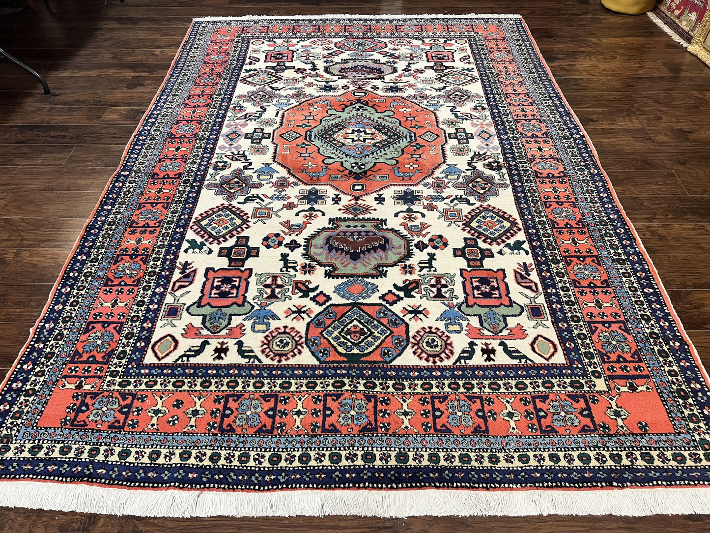 Persian Tribal Rug 8x11, Persian Ardabil Rug, Geometric Medallion Animal Pictorial Rug, Ivory Red Blue, Hand Knotted Vintage Wool Carpet - Nuvé