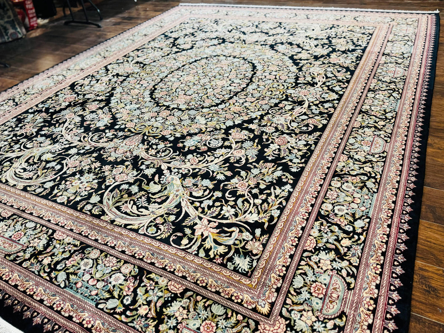 Pak Persian Rug 9x12, Highly Detailed Fine 260 KPSI, Floral, Handmade Traditional Carpet, Black - Nuvé